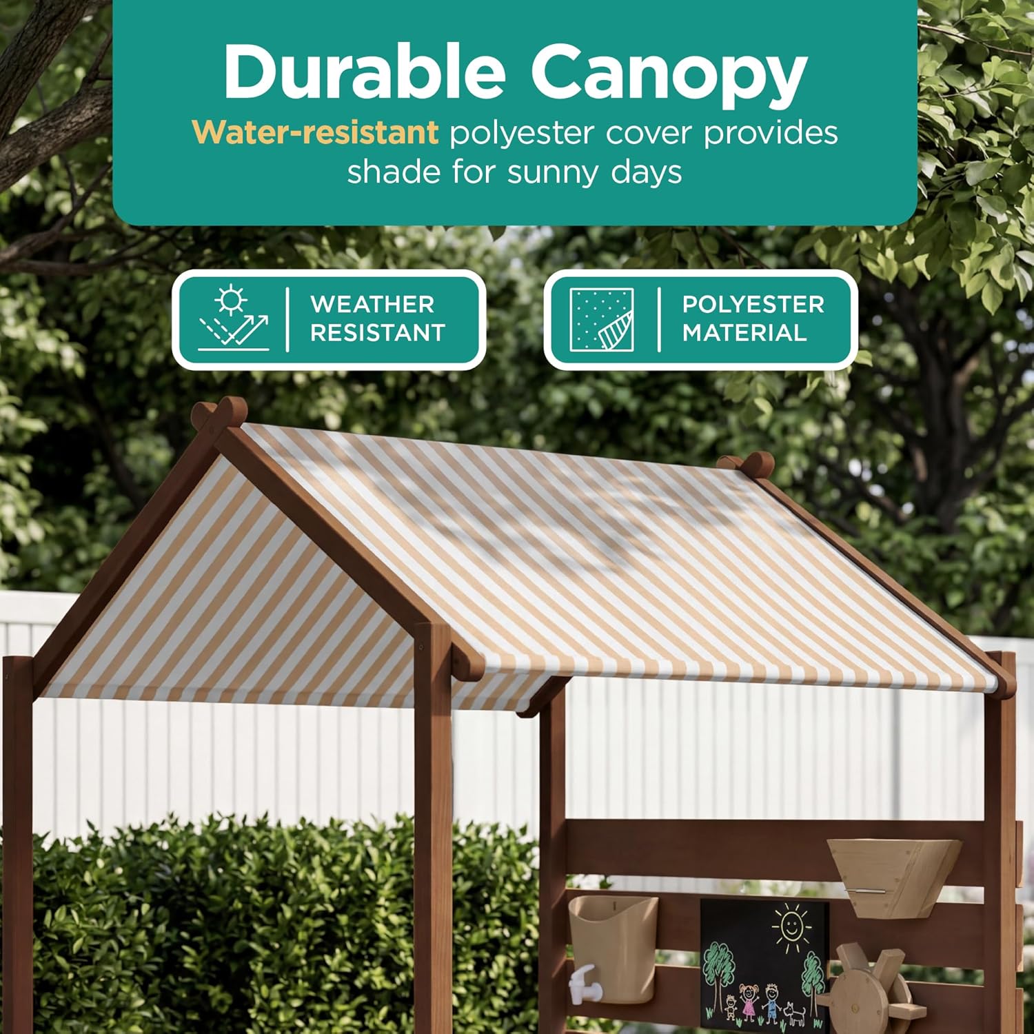Best Choice Products Sandbox with Canopy, Extra Large Wooden Kids Sand Box with Cover, Water Table & Sink, Chalkboard, Bench Seating w/ 110 lb Capacity, Outdoor Backyard Playset​ - Beige
