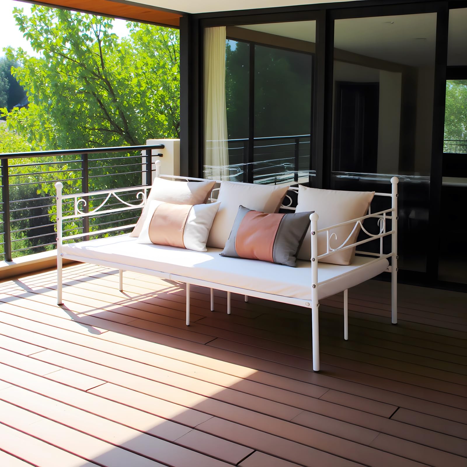 Divano Letto Singolo in Metallo Struttura Letti e Basi in Ferro Battuto per Adulti 90x190cm Bianco