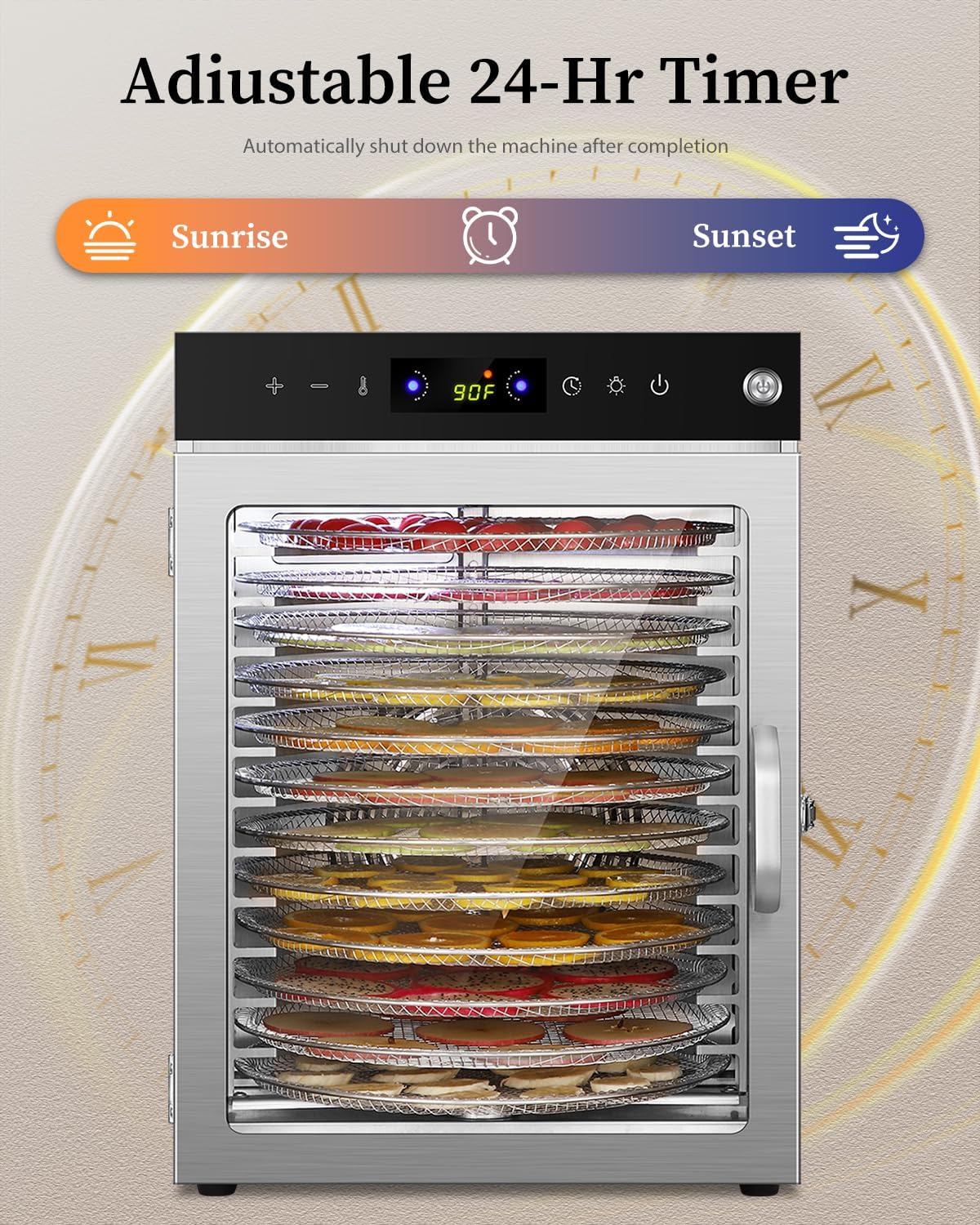 SEASAND Food Dehydrator Machine | 12 Stainless Steel Trays, 360° Automatic Rotation, Independently Control Temperature And Time, Rear-Mounted Fan, 24 Hours Timer, Max Temperature 194℉