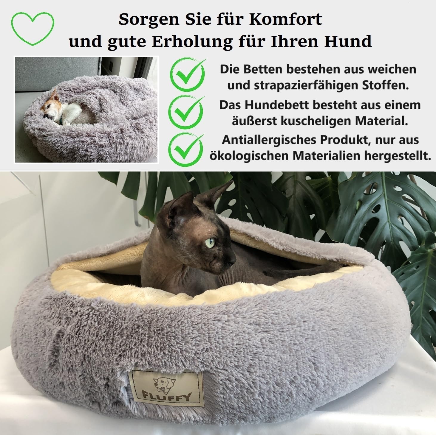 KING DOG Hundebett Ø 70 cm überdachtes Hundebett Katzenhöhle Donut-Bett Plüsch-Kunstfell-Nest Flauschiges Rundes Hundekissen Hundesofa Katzenbett für kleine mittelgroße Hunde