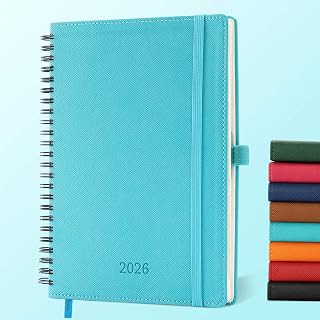 Planner 2026 Daily Weekly and Monthly,8.5"x6.5",12 Months Spiral Bound Calendar Agenda with Self-adhesive Pen Holder,2026 Appointment Book with Vegan Leather Soft Cover,Light Blue