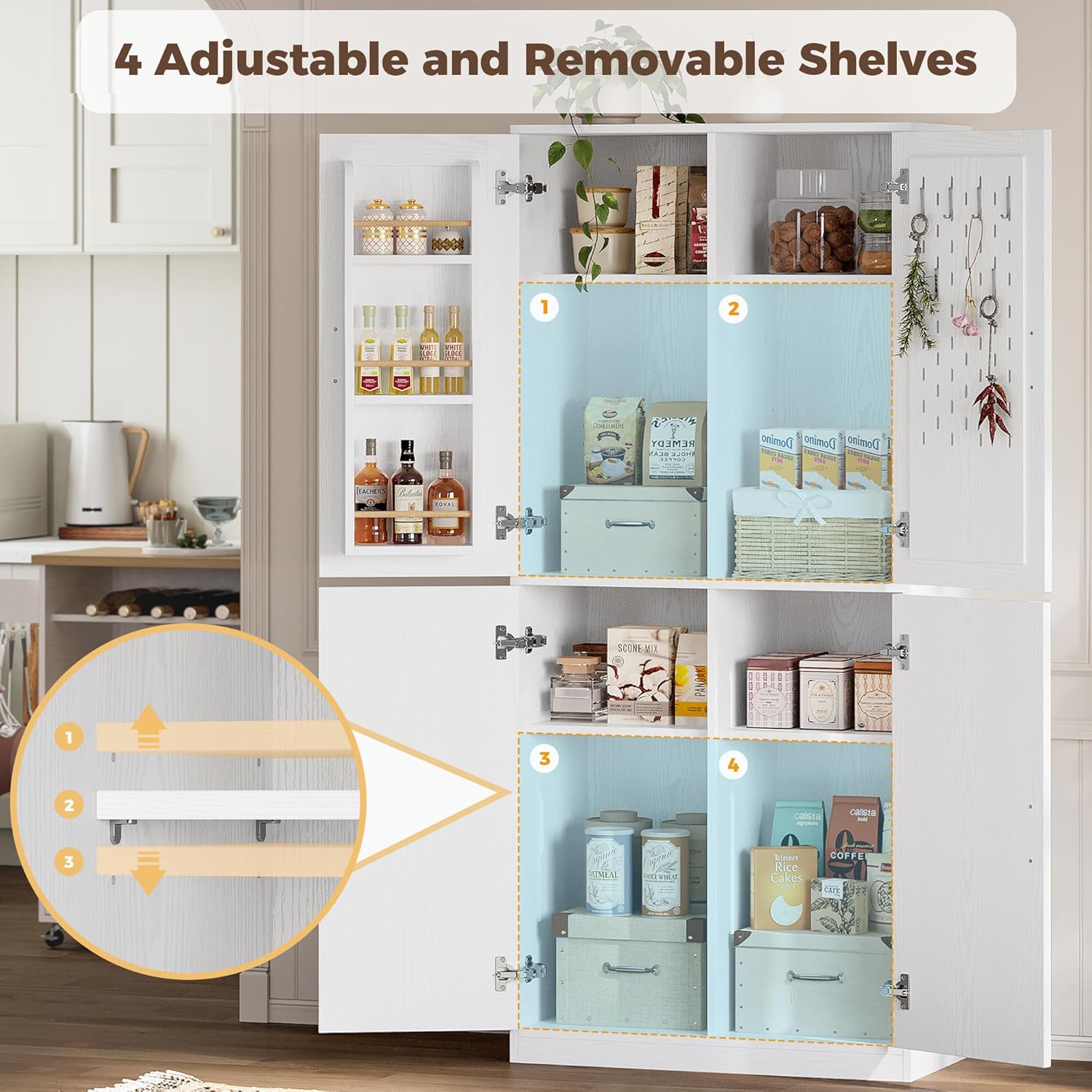 Внатрешност view of the pantry cabinet showing adjustable shelves with items stored on them. An inset diagram illustrates how to adjust shelf height.