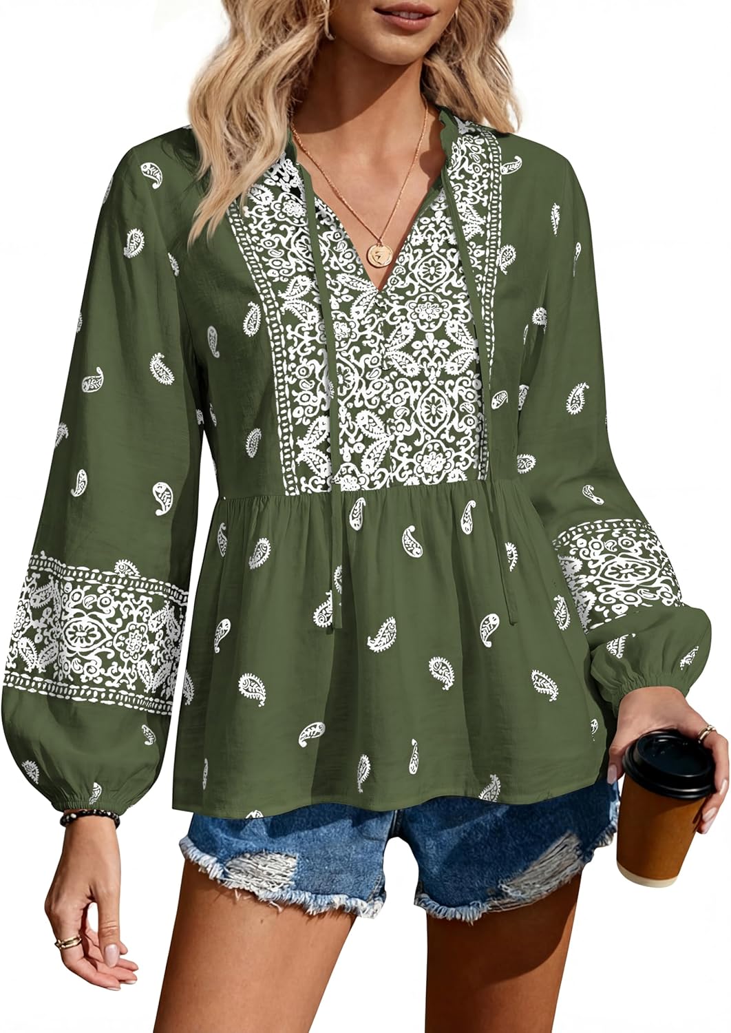 MASCOMODA Women Boho Babydoll Tops Spring Summer Casual V Neck Peplum Long Sleeve Blouses Flowy Shirts Beach Vacation Clothes