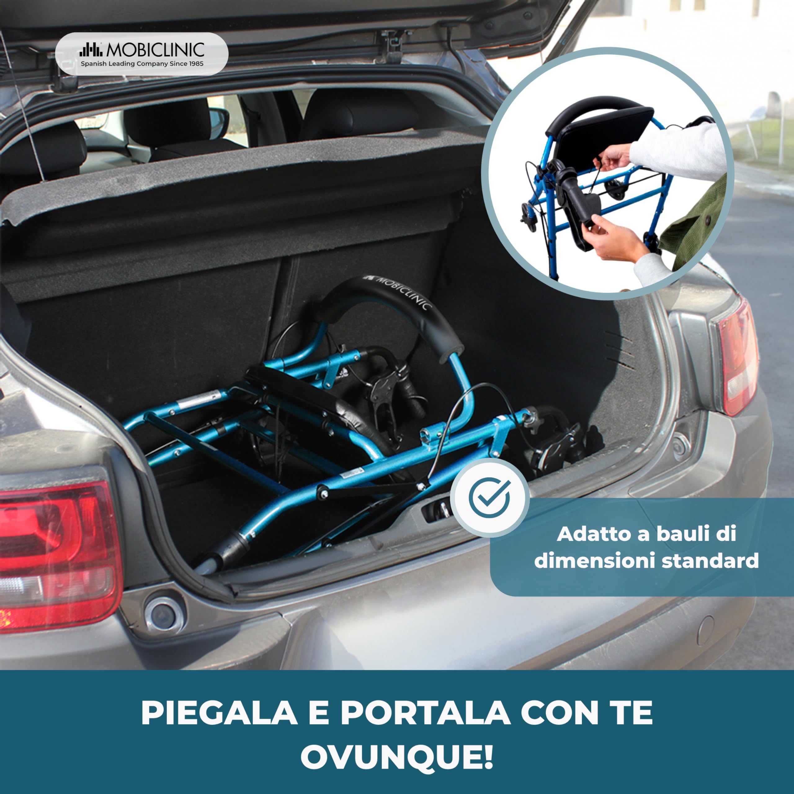 Mobiclinic, Deambulatore per anziani, Alluminio, Leggero, Freni manuali e bloccabili, Girello con seduta 4 ruote, Pieghevole, Modello escorial, Marchio europeo