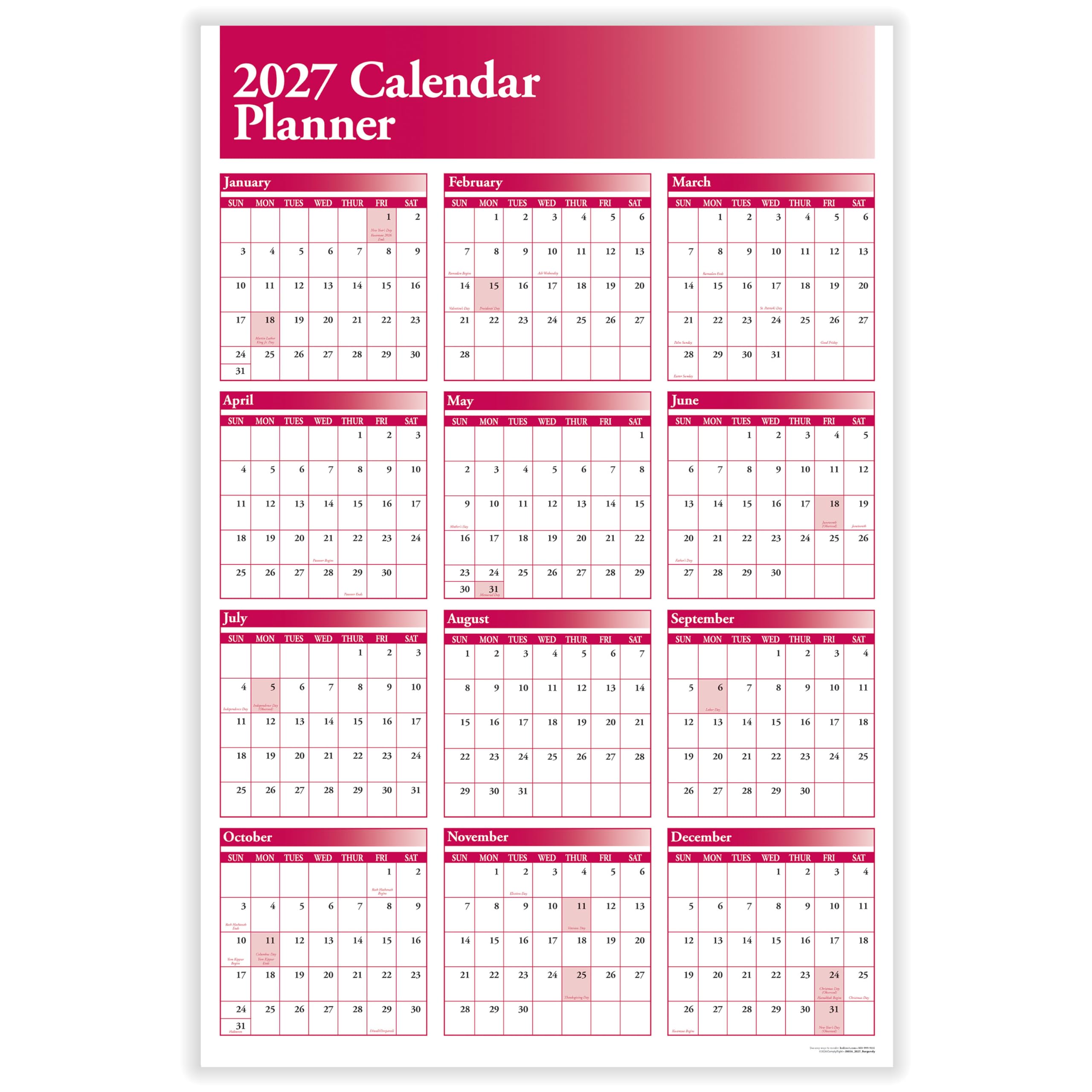 ComplyRight 2027 Vollkalender-Planer, zweiseitig (91,4 x 61 cm), Burgunderrot