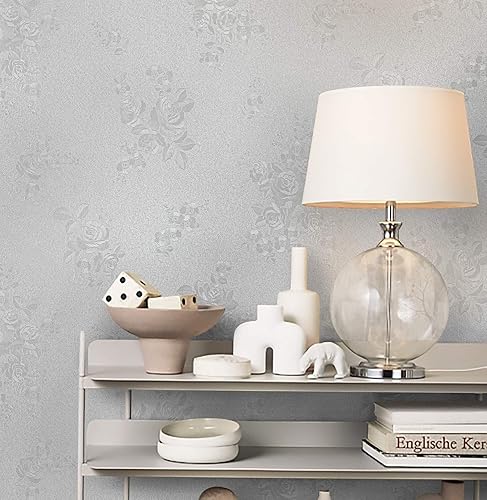 Miniatura 2 de Dimoon Papel tapiz de 78.7 x 17.3 pulgadas, papel tapiz grueso de flores en relieve para despegar y pegar, gris plateado, gris claro, papel de