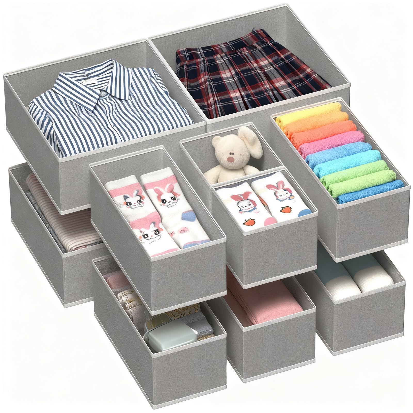 YiZhou 12-Pack Drawer Organiser Set, Foldable Fabric Drawer Dividers & Storage Bins for Clothes, Underwear, Socks & Baby Items | 3-Sizes | Wardrobe & Closet Organizer (Grey)