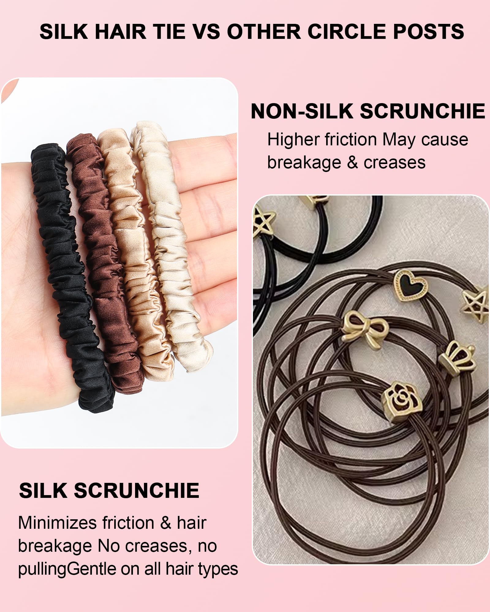 Pack de 4 Coleteros de Seda Natural 100% Mora 16 Momme, Gomas de Pelo Seda Antirotura para Mujer, Scrunchies Pelo Antifrizz para Dormir y Diario, Tonos Chocolate y Tierra