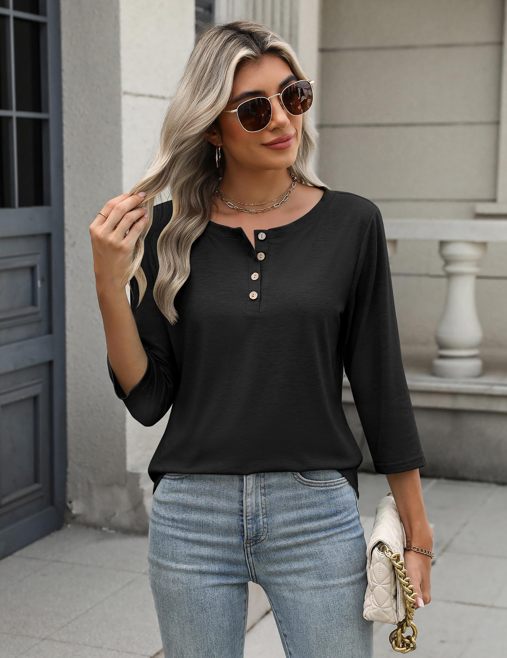 Zeagoo Womens Tops 3/4 Length Sleeve T Shirts Dressy Casual Button Down Blouses Spring Fall Clothes