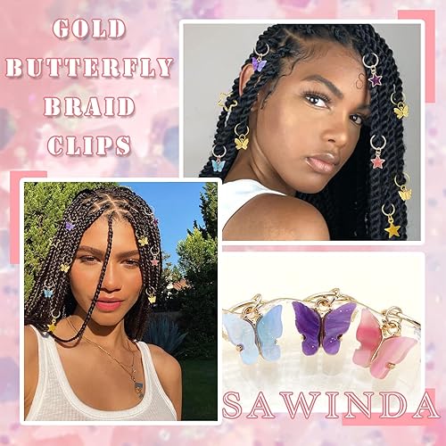 Miniatura 3 de Pinzas para trenzar el cabello con estrellas doradas, accesorios de rastas de mariposa coloridas, joyería brillante de Loc, anillos para el cabello