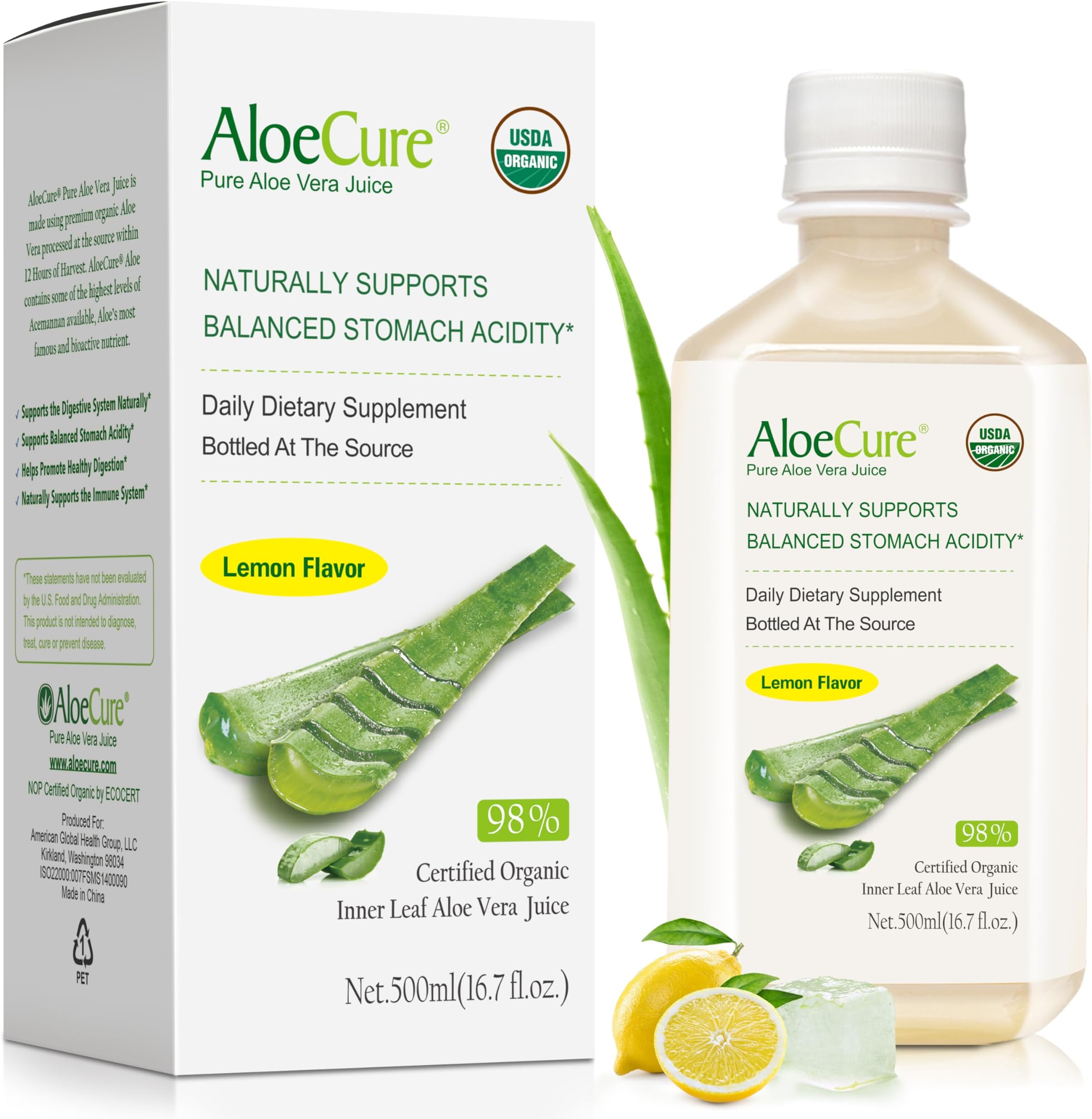 AloeCure USDA Organic Aloe Vera Juice Lemon Flavor - Made Within 12 Hours of Harvest - Natural Digestive Supplement for Balanced Stomach Acidity - Support Digestive and Immune Health - 1 Btl x 16.7oz