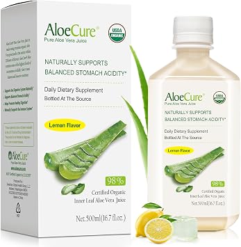 AloeCure USDA Organic Aloe Vera Juice Lemon Flavor - Made Within 12 Hours of Harvest - Natural Digestive Supplement for Balanced Stomach Acidity - Support Digestive and Immune Health - 1 Btl x 16.7oz