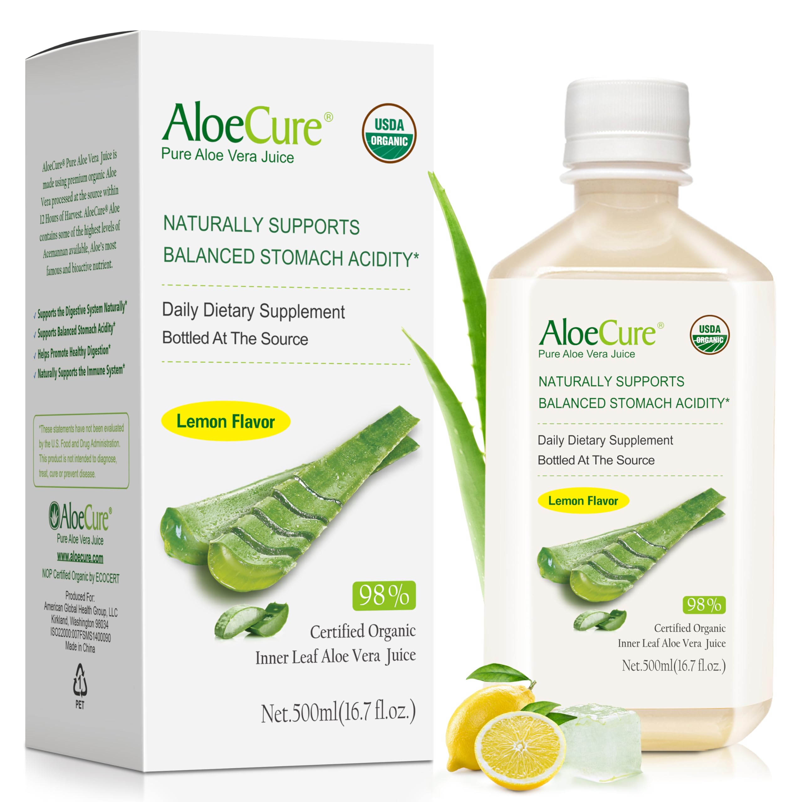 AloeCure USDA Organic Aloe Vera Juice Lemon Flavor, Bottled On-Site Within 12 Hours of Harvest, Natural Treatment for Acid Reflux, GERD, Natural Acid Buffer, No Charcoal Filtering, 1x500ml Bottle