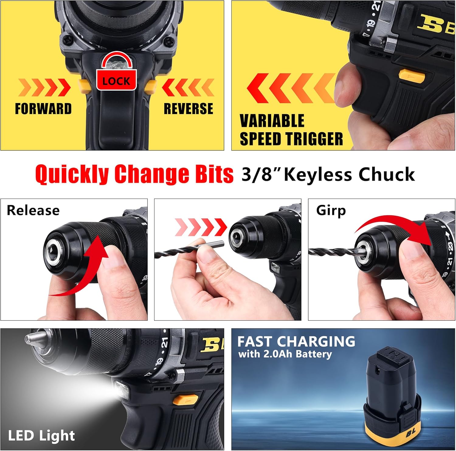 16V Brushless Drill Set, 2-Speed Control, 3/8-Inch Keyless Chuck & 23+1 Position, Cordless Drill Driver Kit with 2.0Ah Battery, Charger, 26PCS Accessories, Ideal for House Repair Jobs