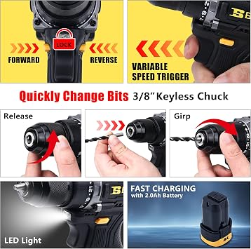 16V Brushless Cordless Drill Driver Set, Lightweight Drill with 50Nm Torque, 2-Speed, 3/8 Keyless Chuck, 2.0Ah Battery & 26PCS Accessories for Home Repair, Furniture Assembly & DIY