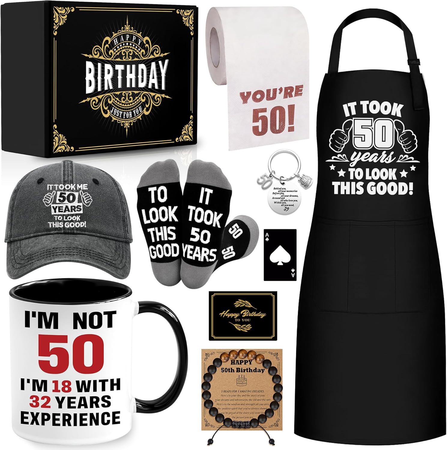 50th Birthday Gifts for Men Coffee Mug Set, 50th Birthday Party Supplies, Turning 50 Gift with 11 Oz Ceramic Cup Baseball Cap Apron Sock Bracelet Toilet Paper Keychain for Him, Dad, Husband, Friends