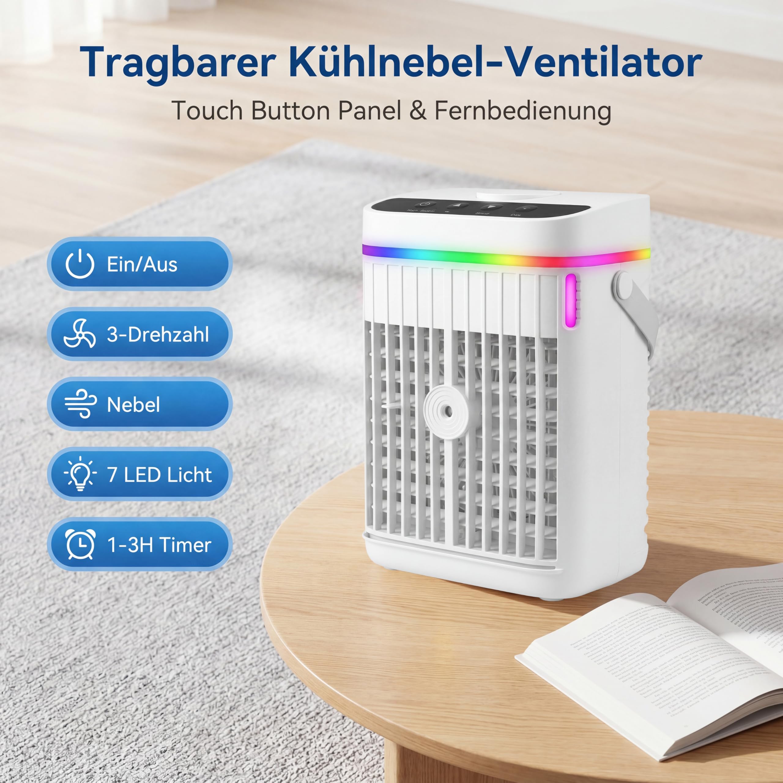 Aire acondicionado portátil, mini enfriador 4 en 1 con refrigeración rápida, función de niebla, luz LED, 3 velocidades y temporizador, ventilador USB silencioso para uso en verano