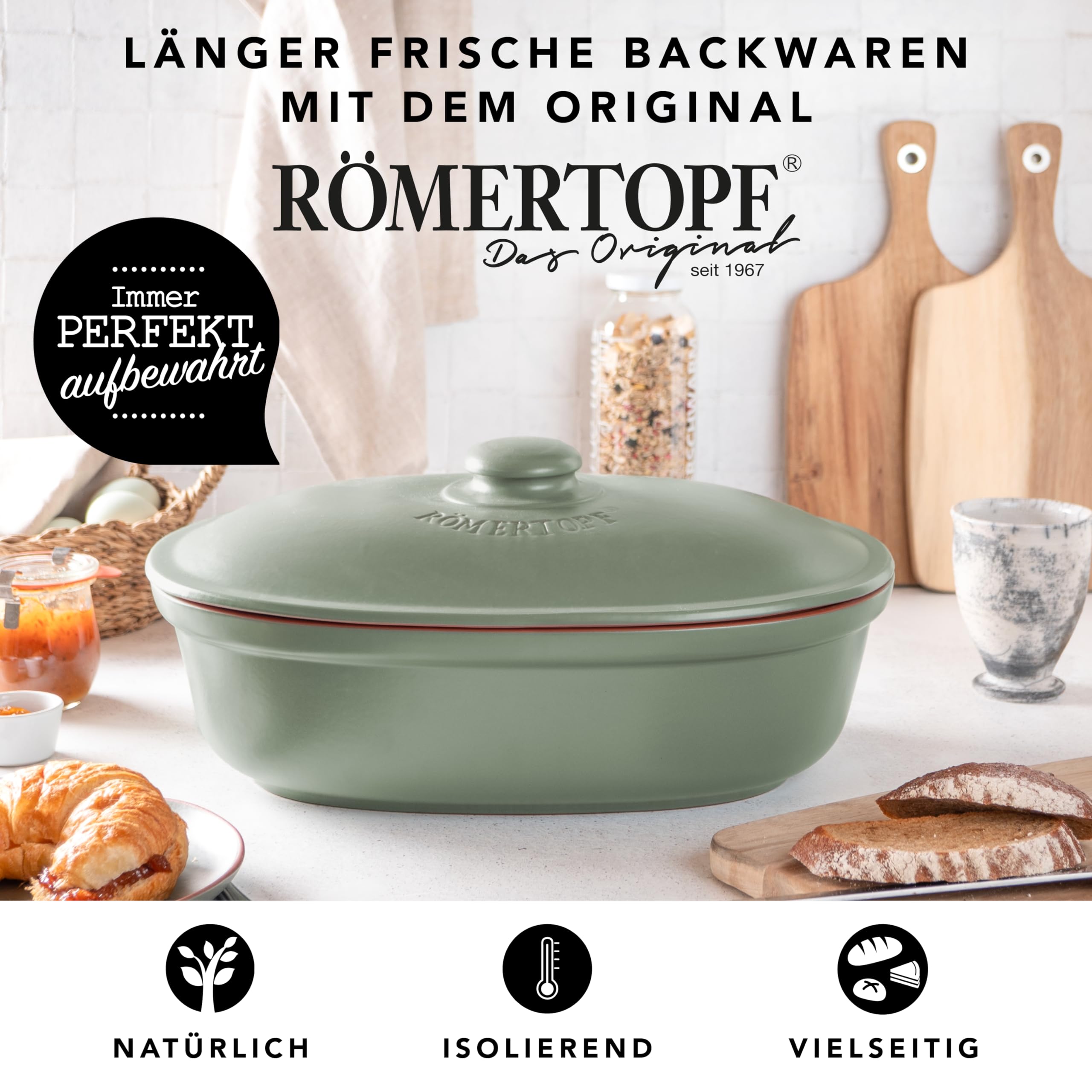Römertopf Brottopf oval MAXI 6,5 Liter - Brotkasten Grün aus Keramik - Atmungsaktiver Tontopf für langanhaltende Frische von Brot und Brötchen