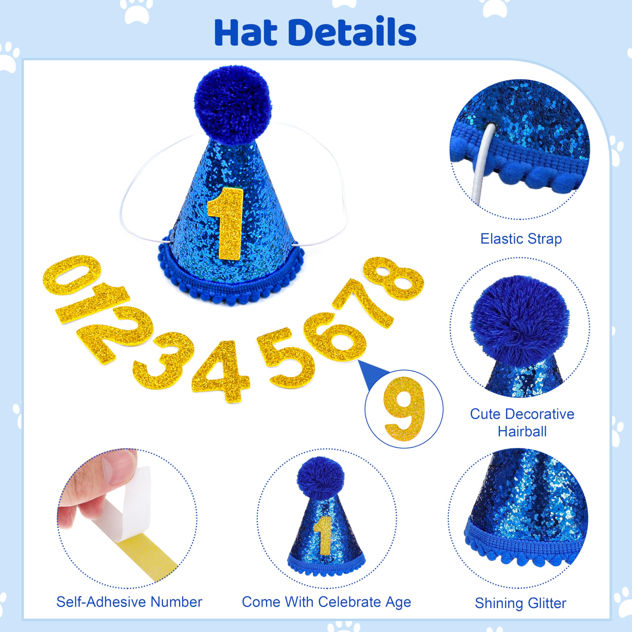 Set di Bandana Compleanno per Cani con Cappello e Pompon, Numeri Bling Adesivi 4 Pezzi Blu