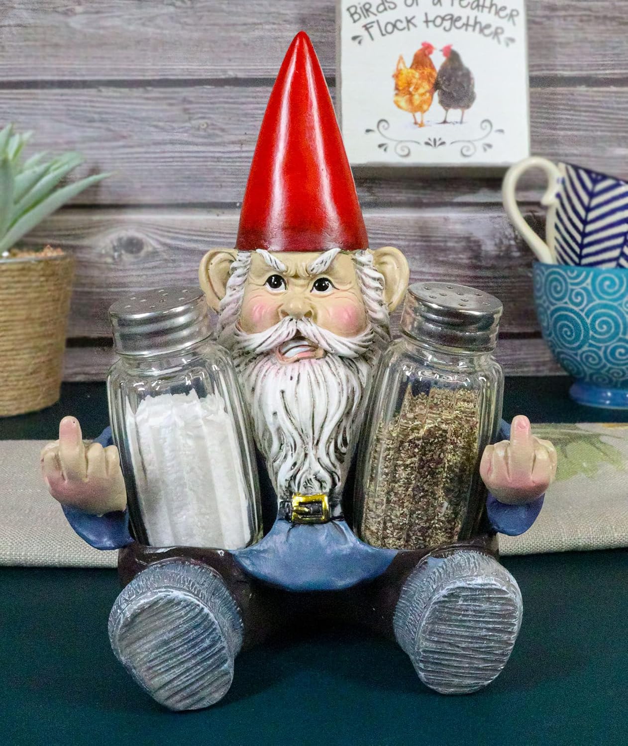 Ebros Gift 'Salty Enough?' Feisty Grinchy Gnome Flipping The Bird Glass Salt And Pepper Shakers Holder Figurine 7.25"H Rude Gnomes Whimsical Decor For Kitchen And Dining Entertainment