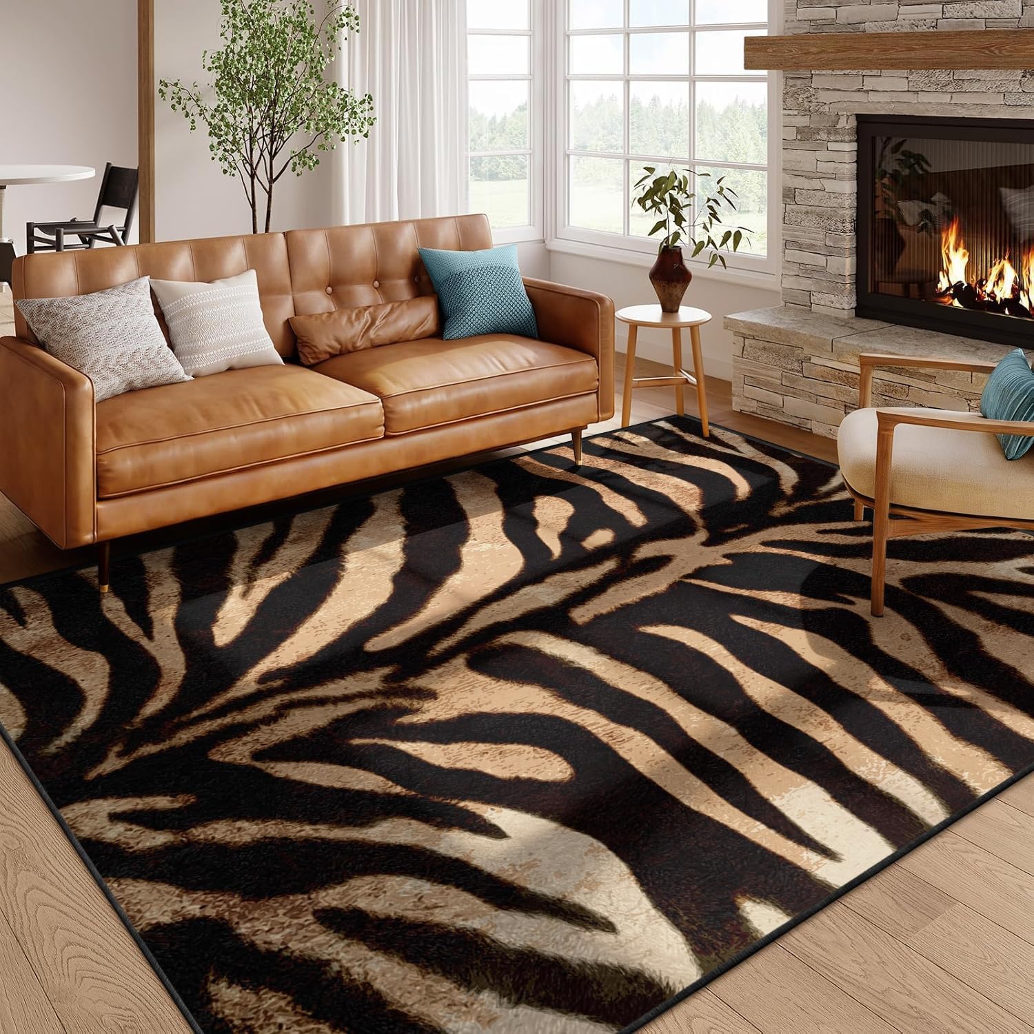 Bycmuoz Tiger Print Area Rug for Kids Bedroom, 60x110cm, Brown Animal Pattern Carpet, Soft Washable Non Slip Rug, Low Pile Floor Mat for Playroom Laundry Room