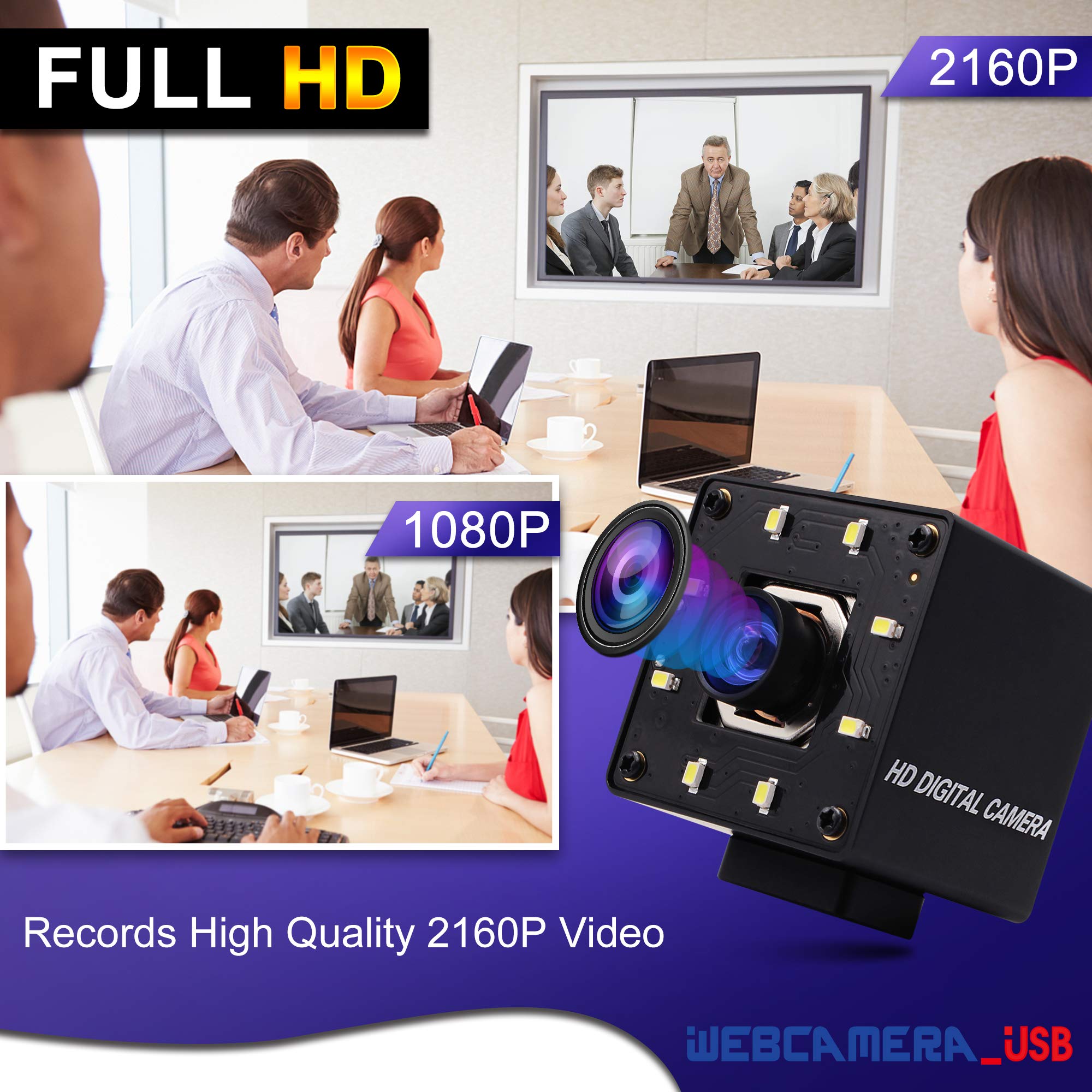 G Cámara web USB 4K con enfoque automático Ultra HD con micrófono, vídeo de día y noche, USB con LED blancos, cámara web 4K USB 2160P, cámaras 4K para Windows, Android, Linux, Raspberry Pi