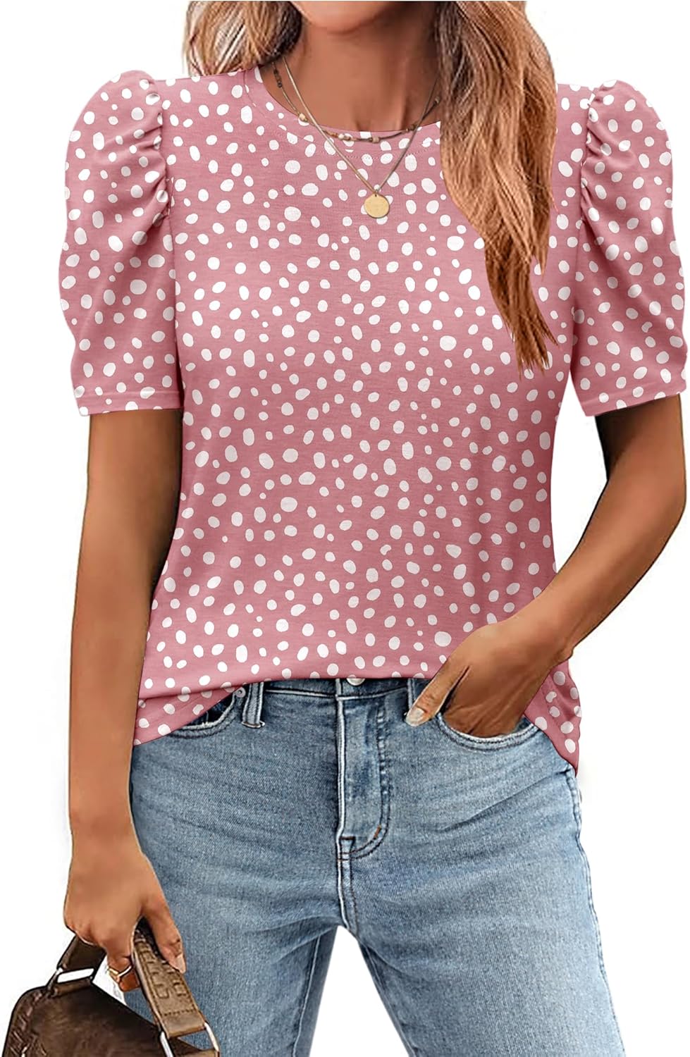 Zeagoo Blouse for Women Dressy Casual Puff Short Sleeve Boho Tops Fashion Floral Crew Neck Tunic Shirts Summer Clothes