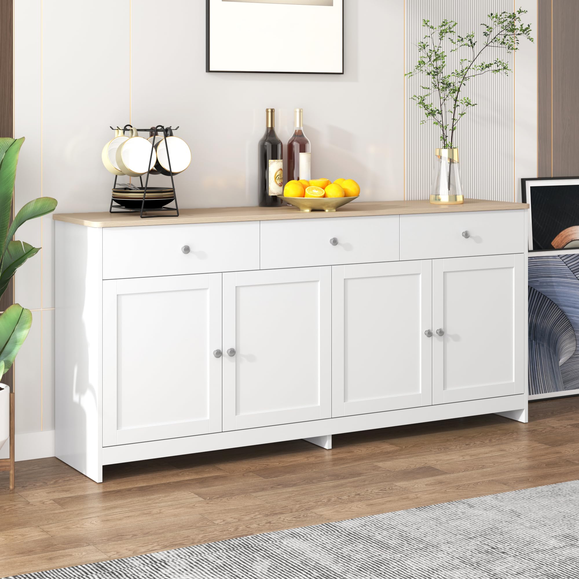 Aparador Cocina, Aparador Mueble de Cocina, Buffet Comedor Salon con 4 Puertas, Modern Mueble Auxiliar para Buffet, Vitrina con Estantes Regulables para Dormitorio y Salón, Blanco, 160x37x75cm