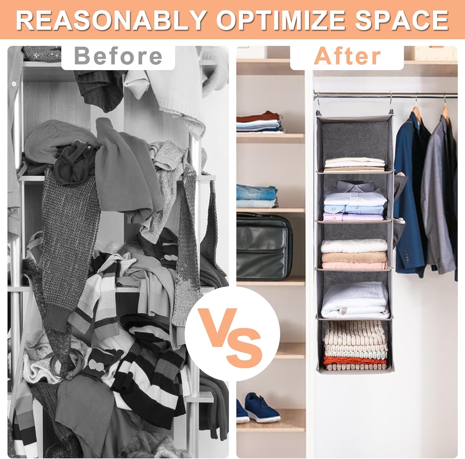 Effortless Closet Chaos: BOOMIBOO Foldable Organizer with Shelves and Pockets