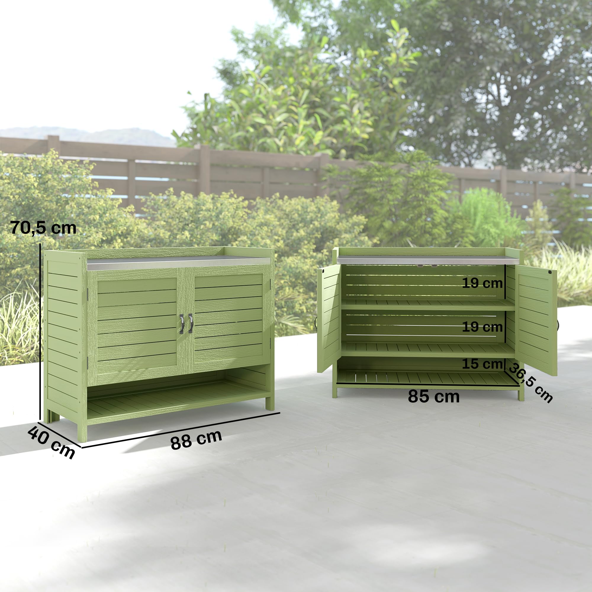 Outsunny Pflanztisch mit Unterschrank aus Holz Outdoor Gartenschrank mit verzinkter Arbeitsplatte 3 Regalböden Doppeltüren wetterfest Gärtnertisch für Garten Balkon Terrasse 88 x 40 x 70,5 cm, Grün
