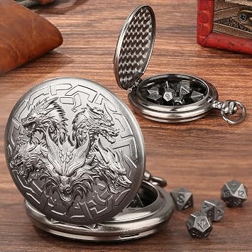 Mini DND Dice Set with Retro Five Dragon Heads Pocket Watch Shell Case, DND Starter Set, 7pcs Polyhedral Mini Metal Dice Set, D&D Gifts with Gift Box, Role Playing Board Game Accessories, Silver