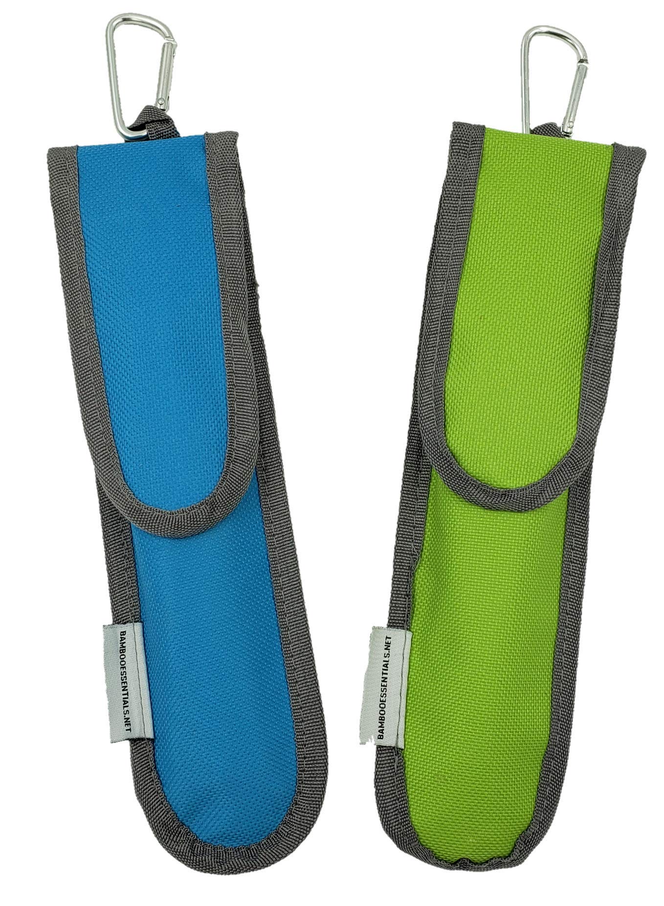 Bamboo Travel Utensil Set | Bamboo Fork, Knife, Spoon, Chopsticks, Straw, Straw-cleaning brush, Travel Pouch and Carabiner | Excellent For Everyday Use! ((2 Sets) Sky Blue/Summer Green)