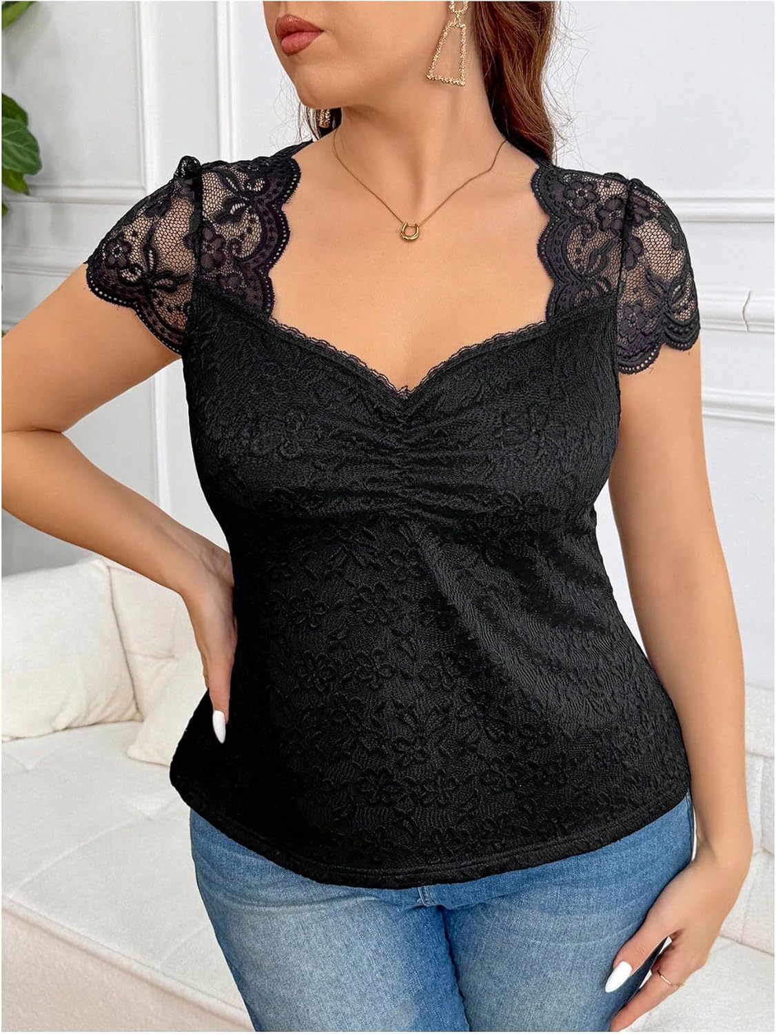 MakeMeChic Women's Plus Size Floral Lace T Shirts Elegant Sweetheart Cap Sleeve Scallop Tops - Image 2