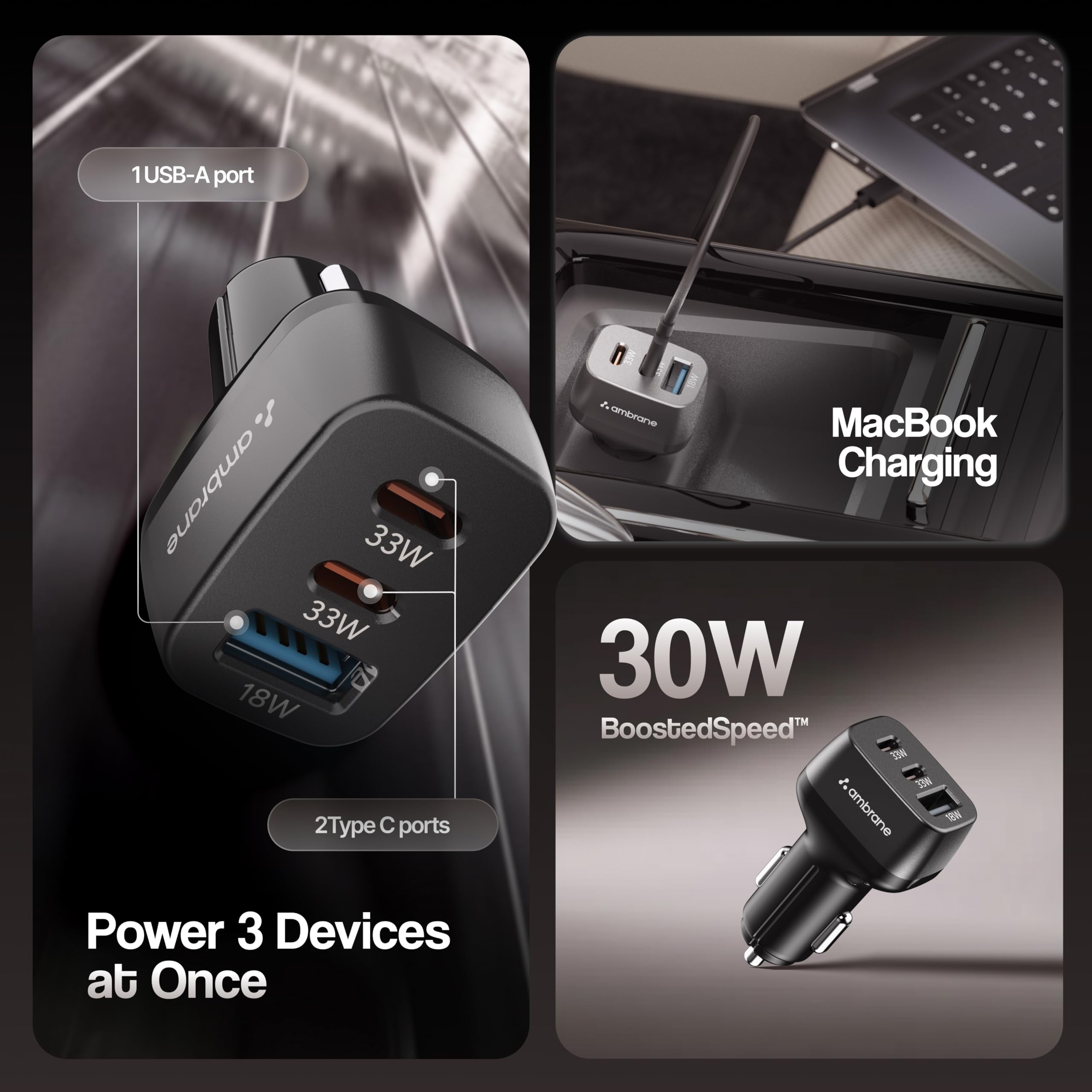 Ambrane 84W Triple Output Fast Car Charger with 2 Type-C & 1 USB, 33W Type C Charging with PD Technology, Fast Charging Adapter Compatible with Cars for iPhone & Android Smartphones (Charge C84,Black) — Amazon image 2