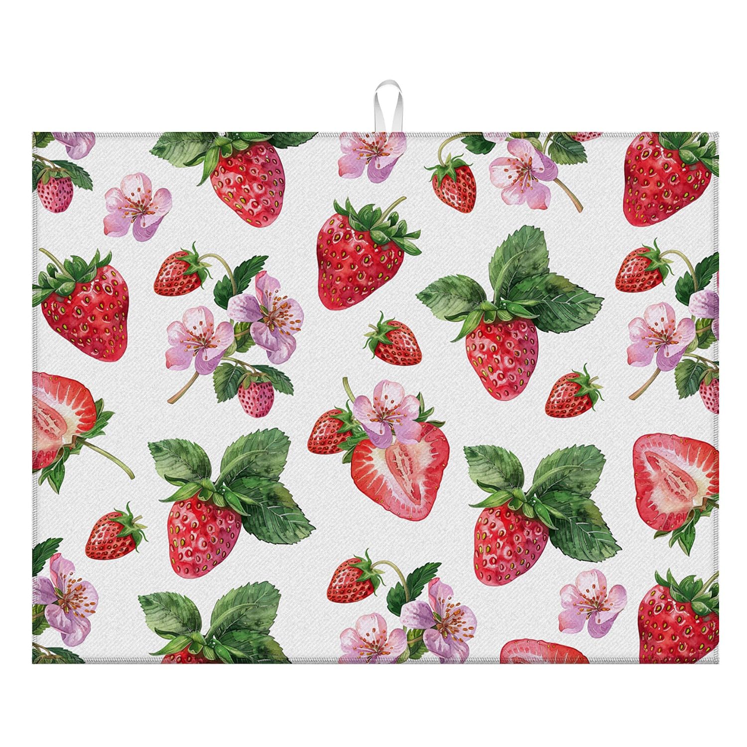 Kitchen Drying Mat 18x24 in Decorative Coffee Bar Mat for Kitchen Counter, Absorbent Dish Drying Mat with Pattern Kitchen Decor Countertop Protector for Coffee Station Sink Area-Strawberry Blossom