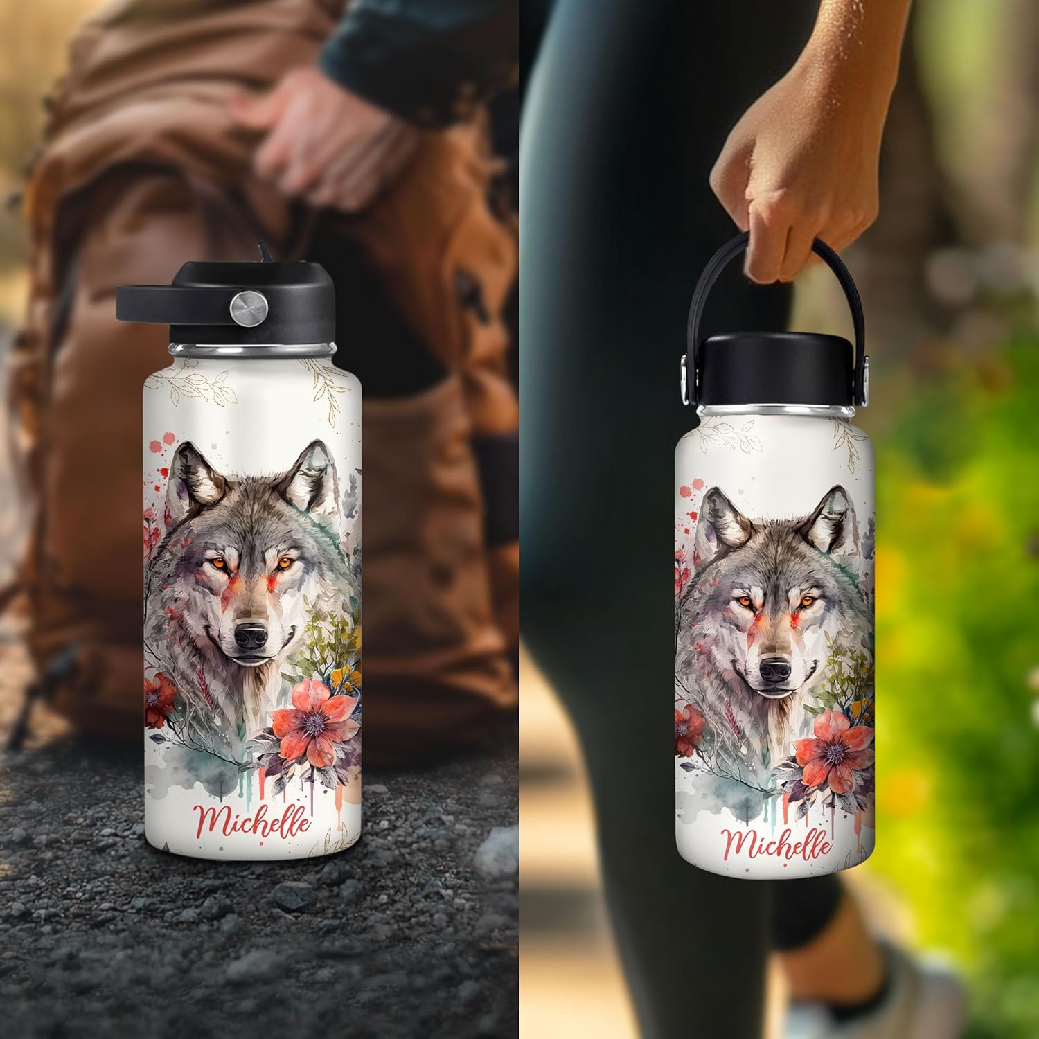 Hyturtle Personalized Wolf Water Bottle - Travel Insulated Stainless Steel Bottle with Leak-Proof Lid 18oz 32oz - Animal Lover Gift with Floral Wolf Design for Women Girls Wolves Lovers, Birthday Gift