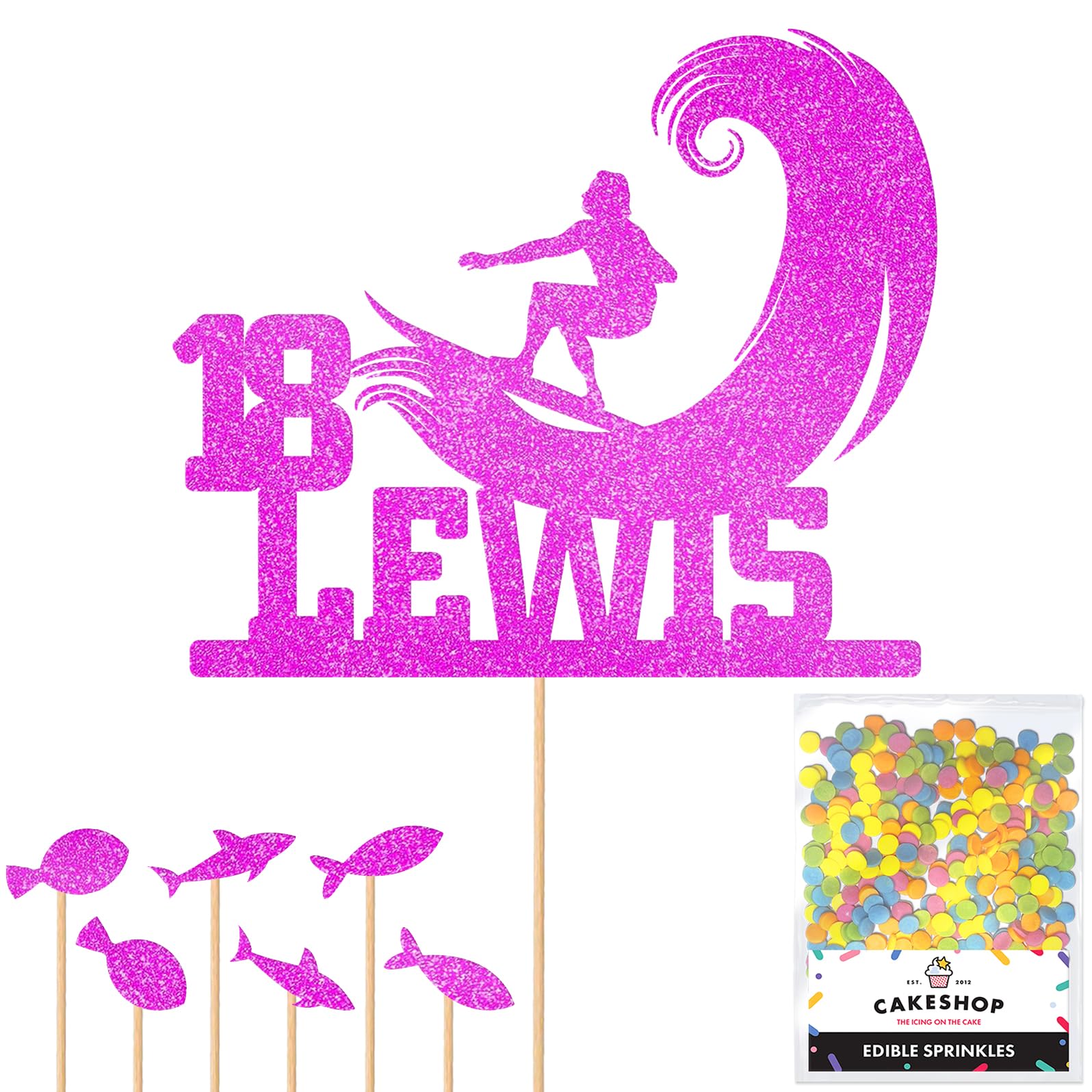 Personalised Surfer Wave Surfing Glitter Cake Topper- Pink Any Custom Age & Name Glitter Cake Decoration and Sprinkles - Happy Birthday Decorations - Personalised Toppers for Cakes by Cakeshop