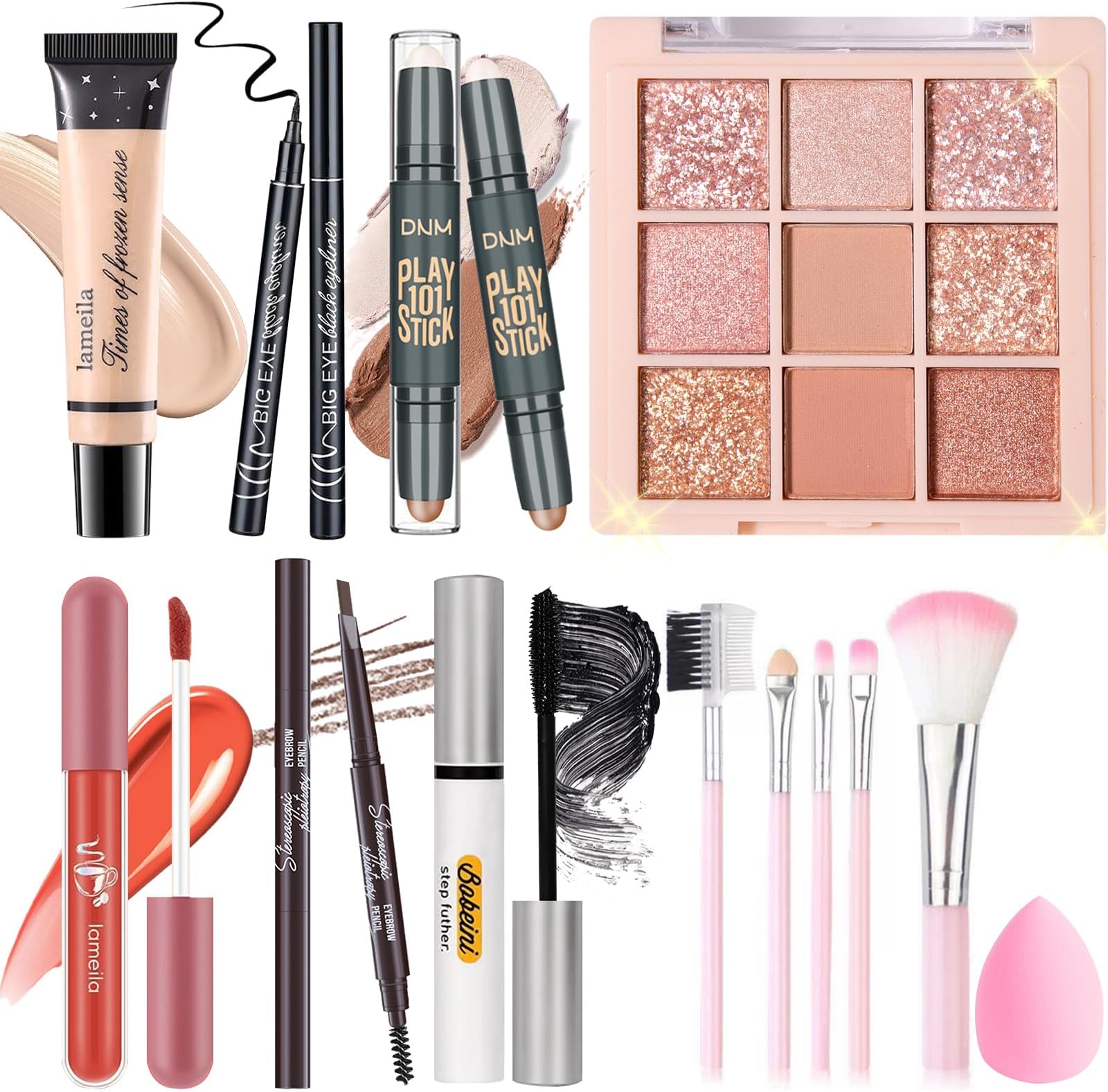 Makeup Set Kit for Women Girls Teens, Makeup Present Set, Includes 9 Color Eyeshadow, Counter Stick, Foundation, Eyebrow Pencil, Eyeliner, Mascara, Lip Gloss, 5Pcs Brushes, Sponge