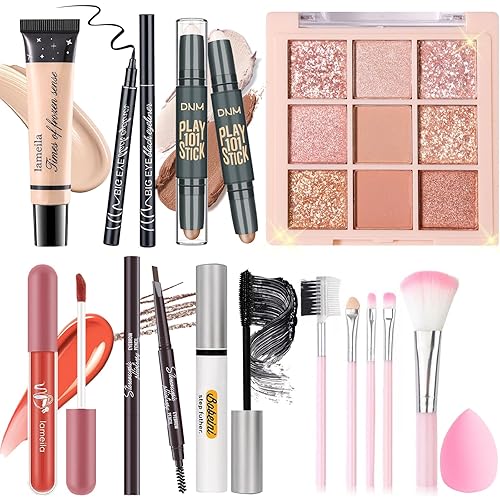 YBUETE Kit de maquillaje todo en uno para mujeres, niñas y adolescentes, juego de regalo de maquillaje, incluye sombra de ojos de 9 colores, barra