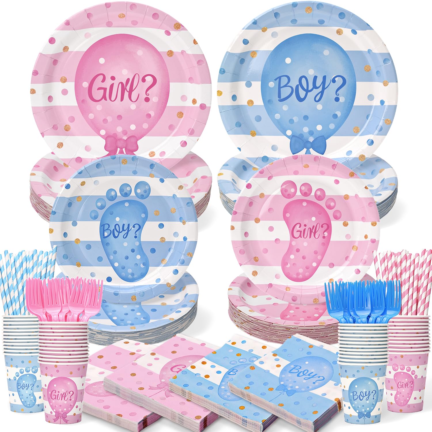 300Pcs Gender Reveal Plates and Cups and Napkins Sets with Forks and Straws, Party Supplies, Pink and Blue Plates, He or She Baby Gender Reveal