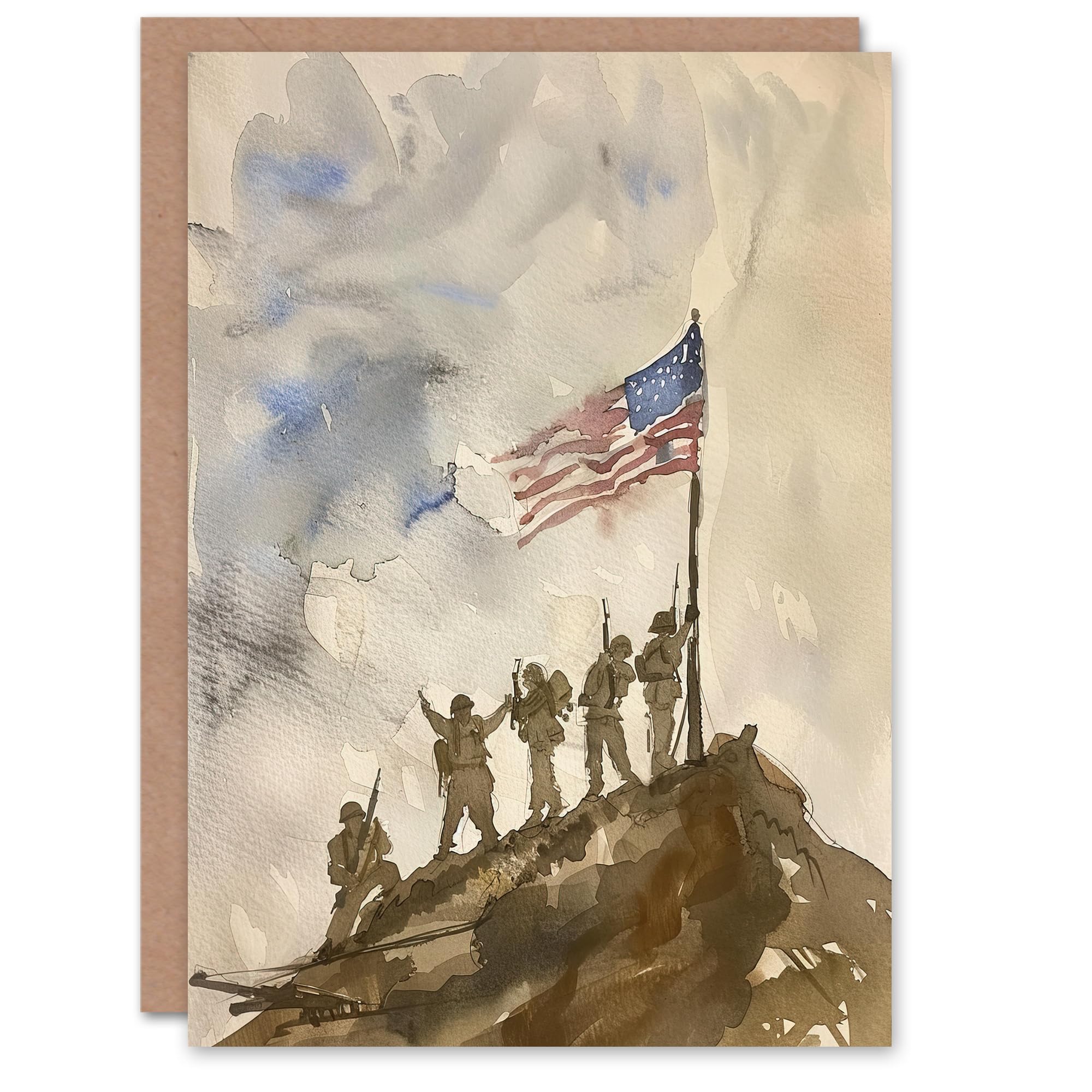 Artery8 Greeting Card American Flag Soldiers Iwo Jima WWII Watercolour For Him Man Birthday Card