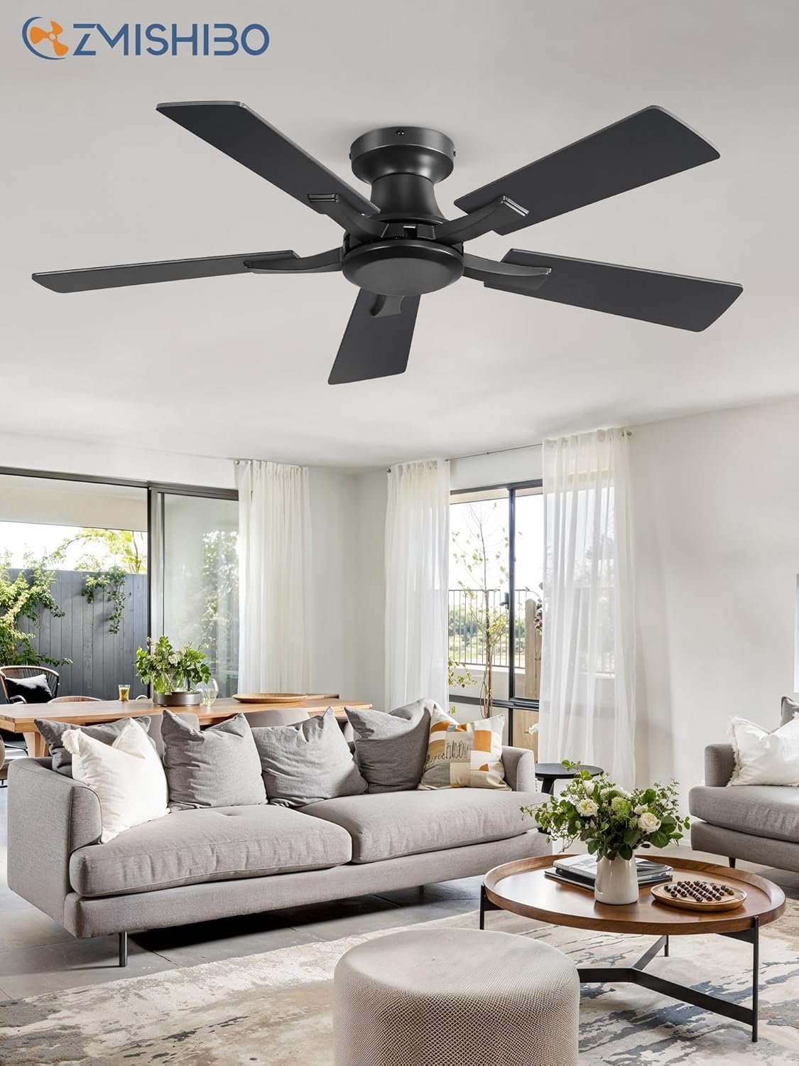 ZMISHIBO 42 Inch Ceiling Fan No Light, Flush Mount Low Profile, Modern Black Ceiling Fan Without Light, Remote Control & Quiet DC Motor, for Indoor&Outdoor, Bedroom, Living Room