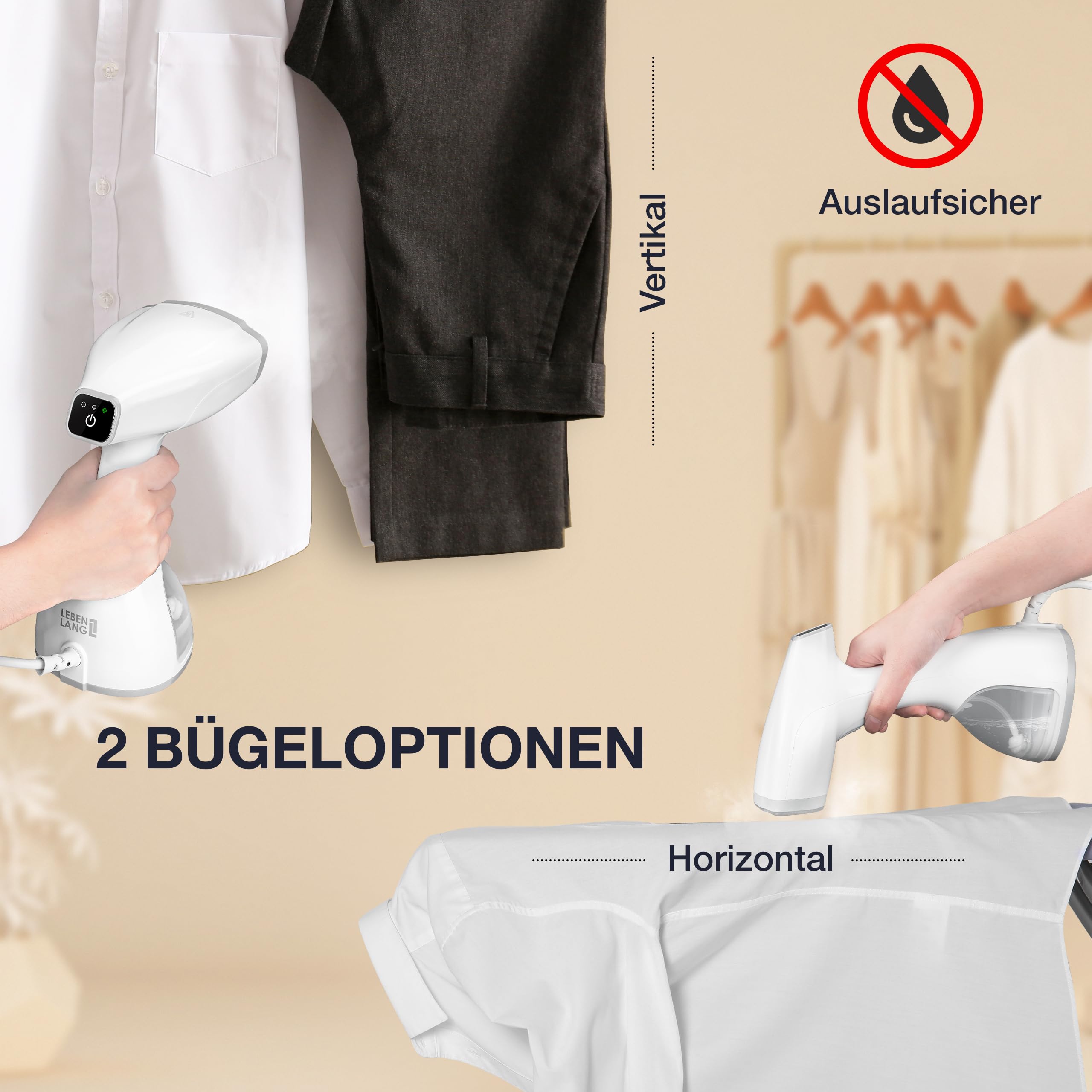 LEBENLANG Steamer Dampfglätter TESTSIEGER 1500W 300ml Bügelhandschuh Aufsätze Pro Dampfsteamer Kleidung Dampfbügeleisen Hand held steam iron Weiß