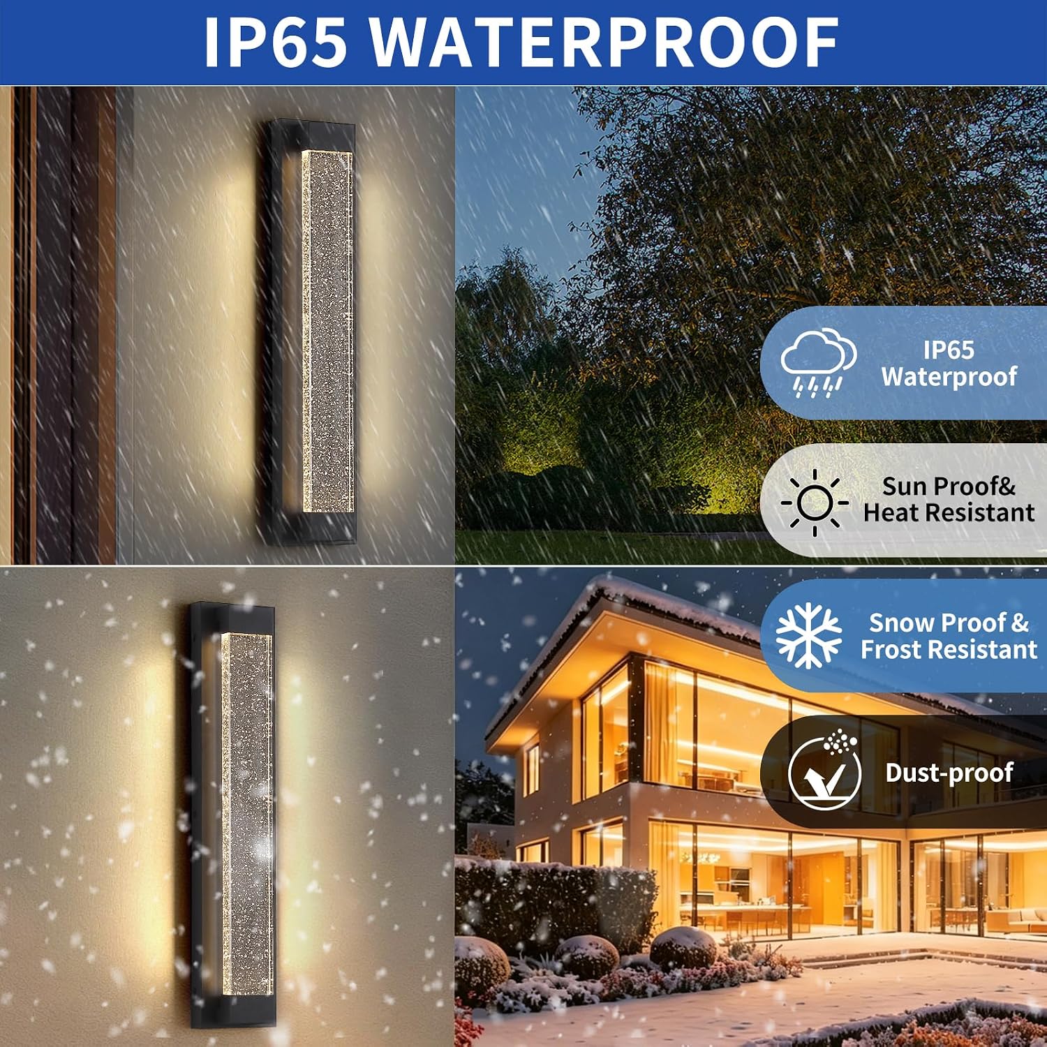 2 Pack Black Long Exterior Wall Lights, 23.6inch Bubble Crystal Outdoor Wall Sconce, 3000K Warm White, IP65 Waterproof, Minimalist LED Outside Garage Lighting for House, Fence, Balcony, Patio