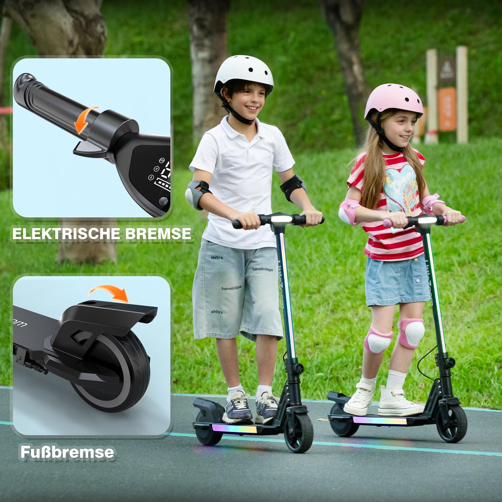 T1 E Scooter Kinder 6-12 Jahren, Bunte Regenbogenlichter, 5/10/15 km/h, 10KM Reichweite, LED-Anzeige, Faltbar, Elektroroller Faltbar für Kinder, Geschenk für Jugendliche