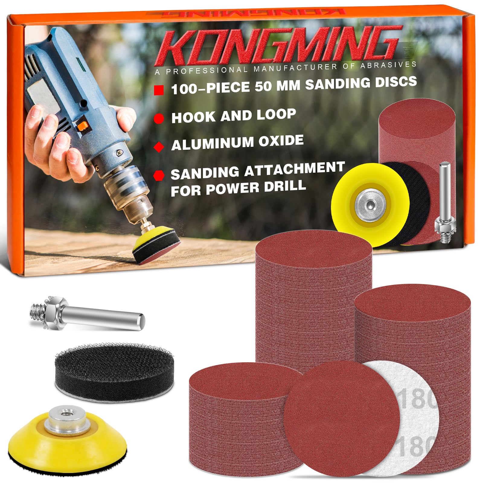 KONGMING Schleifpapier 50mm klett 100 Stück Körnung 180 Schleifscheiben 50mm klett Schleifaufsatz für Akkuschrauber
