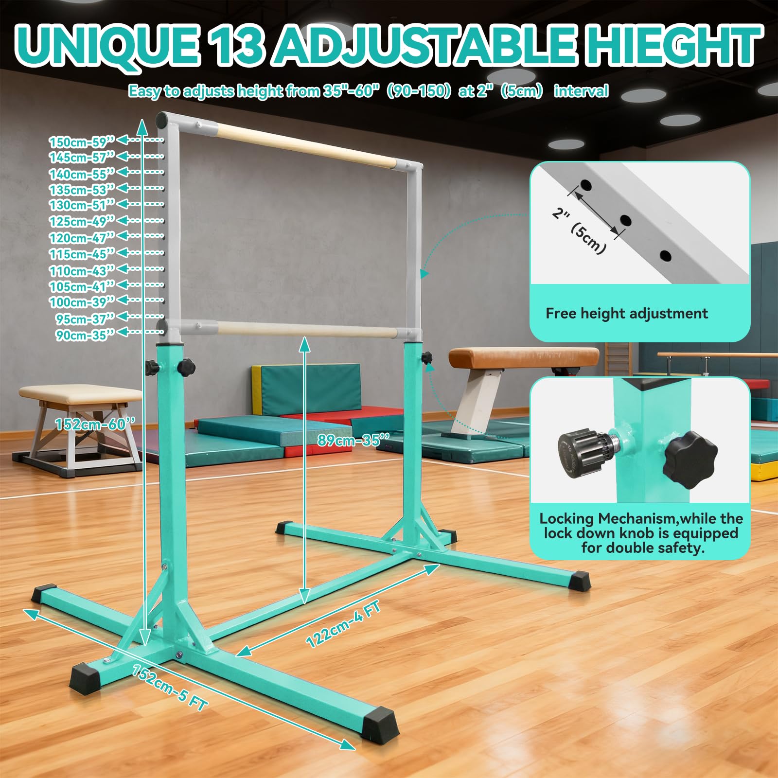 FBSPORT Barra de Gimnasia para Niños Altura Ajustable 13 Niveles con Anillos Expandible Verde