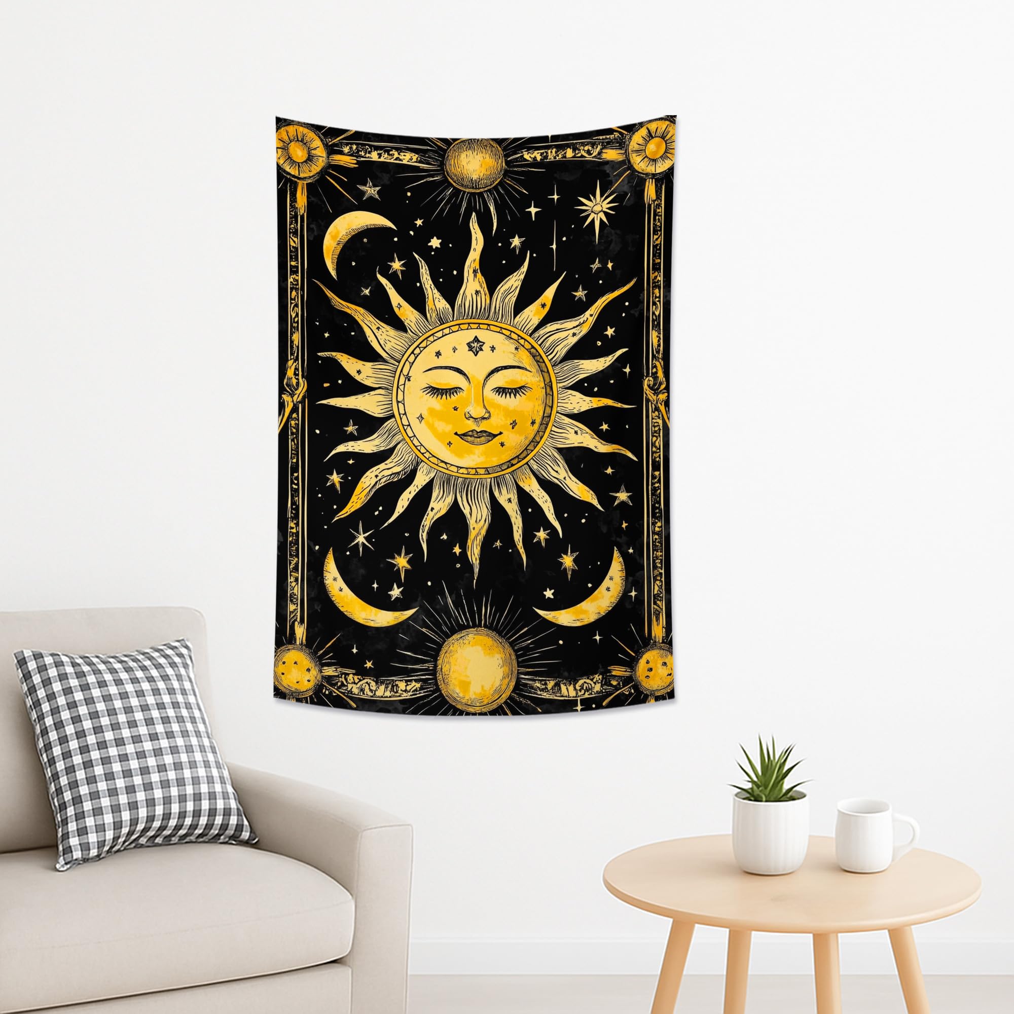 Sun and Moon Gold Black Tapestry, Celestial Decorative Wall Hanging for Bohemian Bedroom, Mystical Aesthetic Home Decor, Perfect for Festivals and Seasonal Celebrations 40x60 Inch