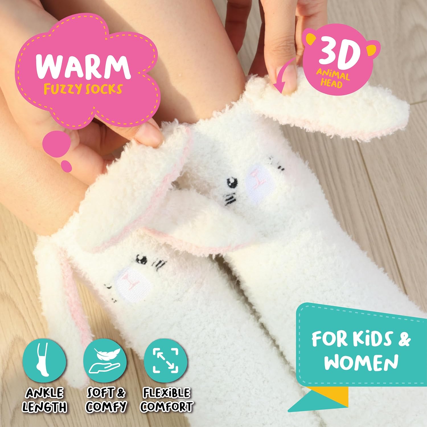 Cute Fuzzy Socks Women Bunny 3D Animal Character - Fluffy Cozy Sleep Slipper Socks Winter Warm Gift Size 5-9 - Image 3