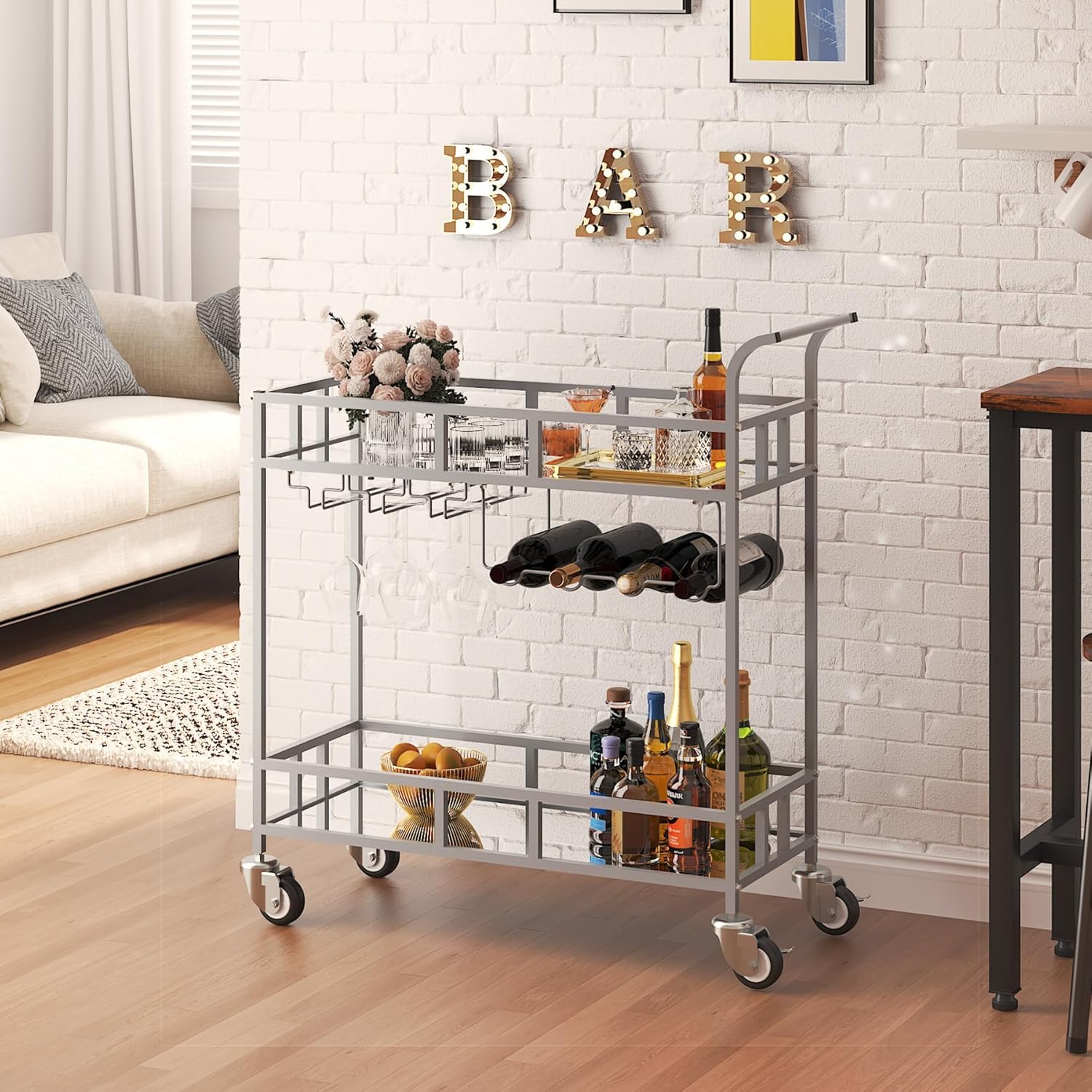 2-Tier Rolling Bar Cart with Mirrored Shelves & Wine Storage – Gold Portable Drink Cart with Wheels, Glass Racks, Bottle Holder – Compact Metal Bar Table for Home, Dining Room, Apartment, Party